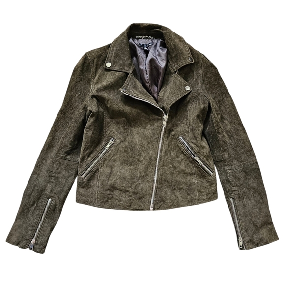 Aqua 100% Green Suede Leather Moto Zip Up Jacket Size Small - Picture 1 of 5